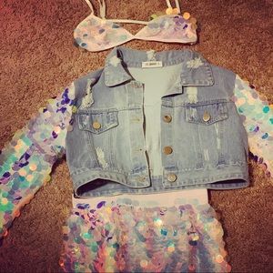 Blue jean/Sequence jacket, pants and bra